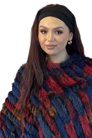 red multicolor knitted rabbit fur poncho with fringe