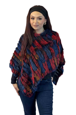 red multicolor knitted rabbit fur poncho