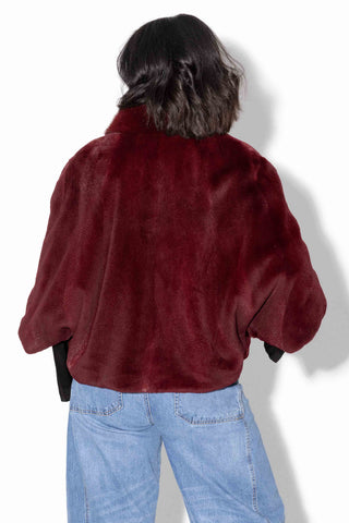 burgundy sheared mink fur cape with standup collar