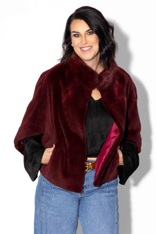 burgundy sheared mink fur cape with standup collar