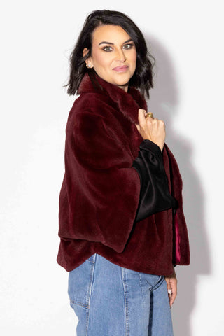 burgundy sheared mink fur cape with standup collar