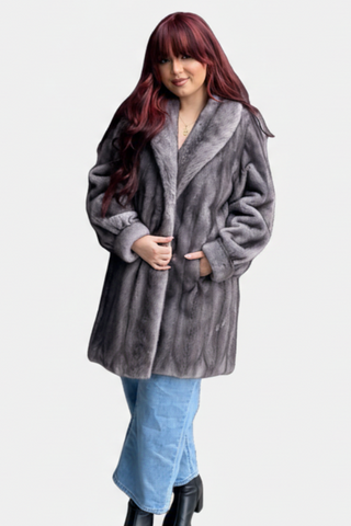 blue iris female mink fur stroller with shawl collar and bracelet cuffs