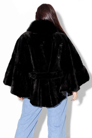 black sheared mink fur cape with fox fur collar