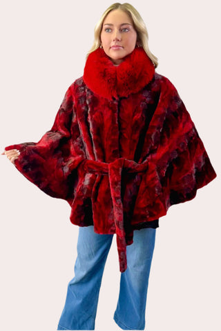 Sheared Mink Fur Cape with Fox Fur Collar and Detachable Belt.