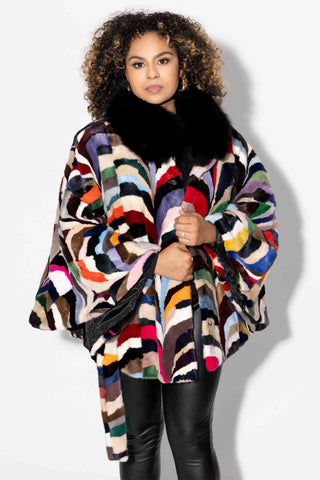 multicolor sheared sectioned mink fur cape with fox fur collar