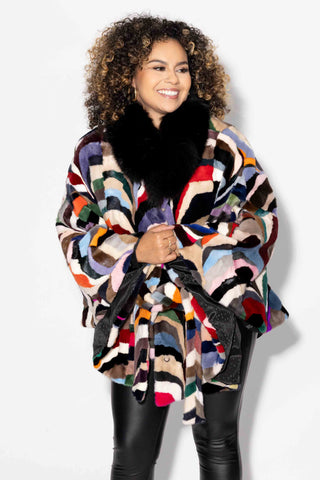 multicolor sheared sectioned mink fur cape with fox fur collar