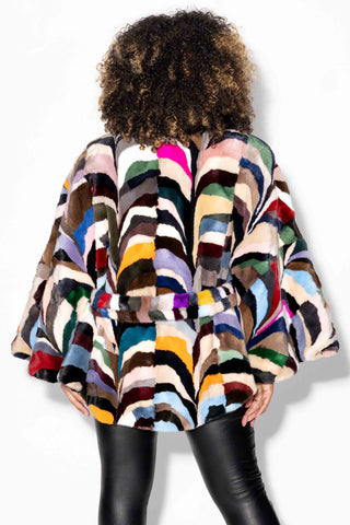 multicolor sheared sectioned mink fur cape with fox fur collar