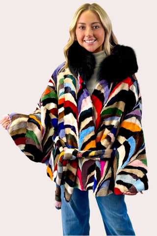 Multicolor Sheared Mink Fur Cape with Fox Fur Collar and Detachable Belt.