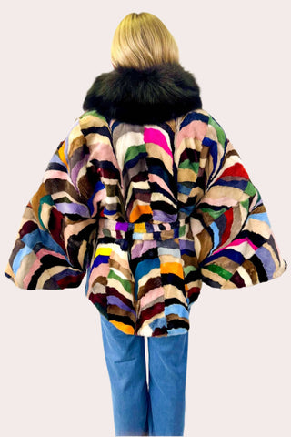 Multicolor Sheared Mink Fur Cape with Fox Fur Collar and Detachable Belt.