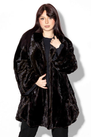 Black Sheared Sectioned Mink Fur Stroller with Ruffle Trim