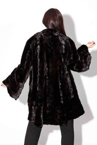 Black Sheared Sectioned Mink Fur Stroller with Ruffle Trim