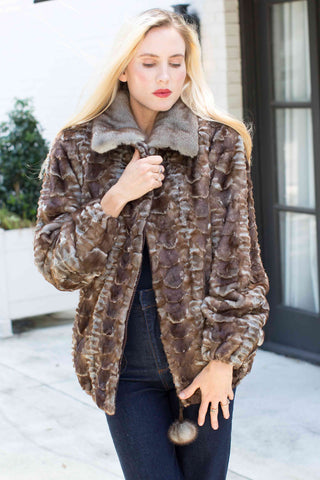 Mink Fur Bomber Jacket with Full Skin Mink Fur Collar.