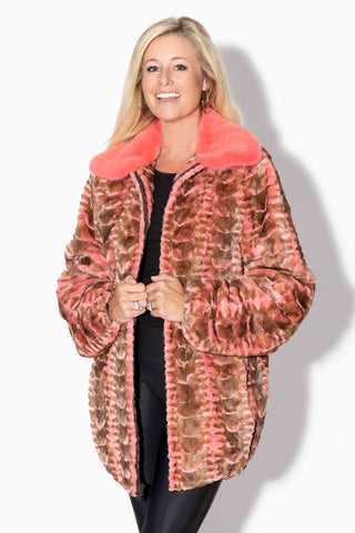 Pink Sheared Sectioned Mink Fur Bomber Jacket with Mink Fur Collar