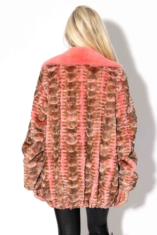 Pink Sheared Sectioned Mink Fur Bomber Jacket with Mink Fur Collar