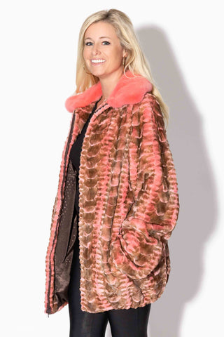 Pink Sheared Sectioned Mink Fur Bomber Jacket with Mink Fur Collar