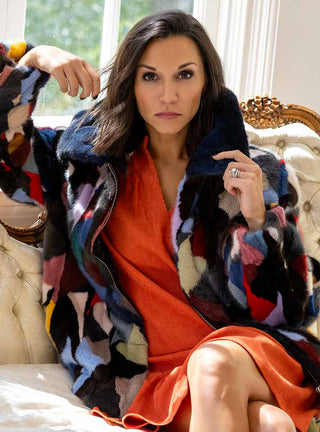 Multicolor Mink Fur Bomber Jacket with Zip Front.