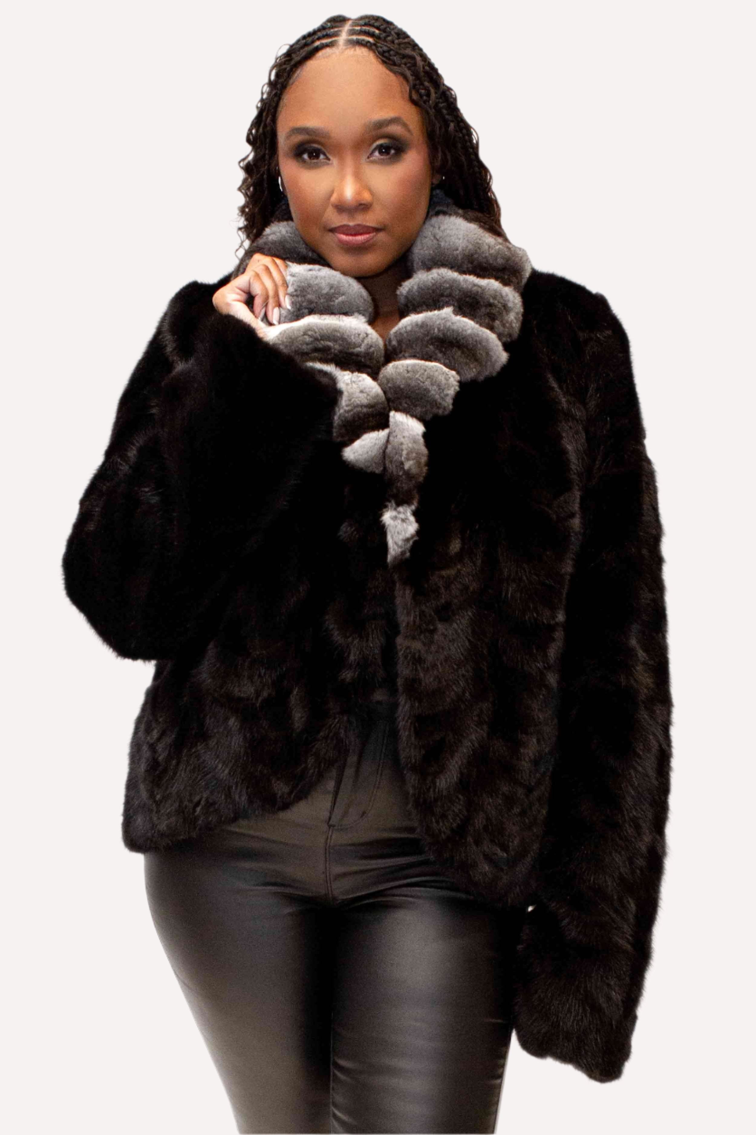 Ranch Sectioned Mink Fur Bolero Jacket with Chinchilla Fur Shawl