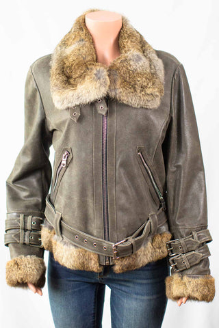 Shearling Leather Moto Jacket with Rabbit Fur Trim.