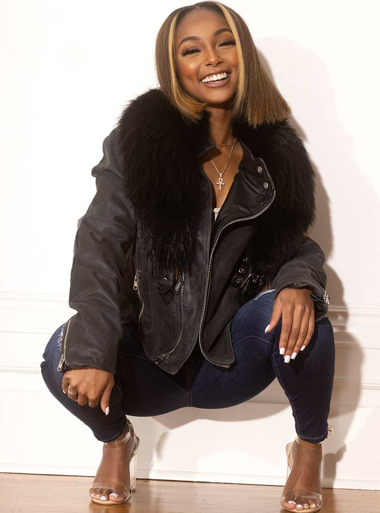black shearling leather moto jacket with raccoon fur collar