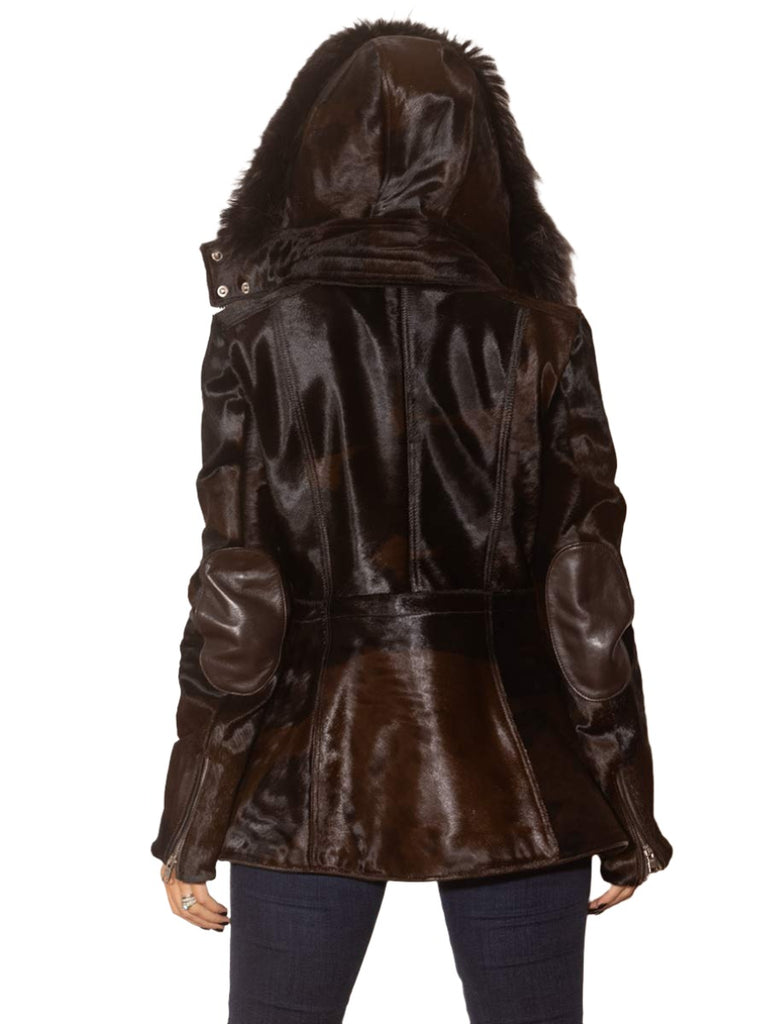 brown cowhide jacket with raccoon fur trimmed hood