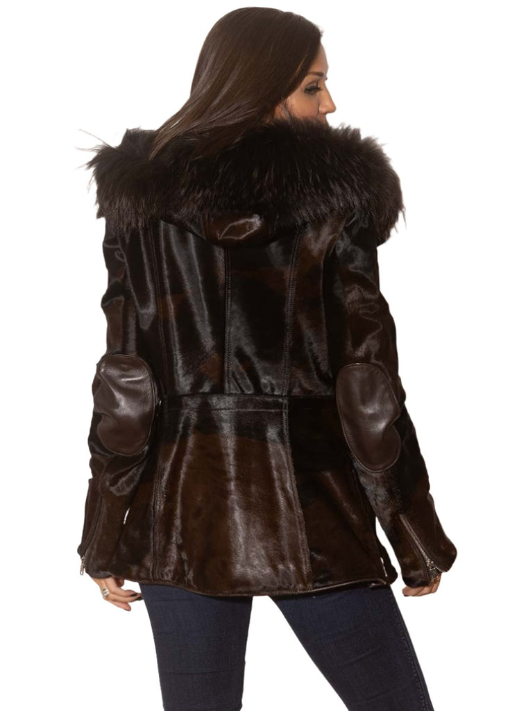 brown cowhide jacket with raccoon fur trimmed hood