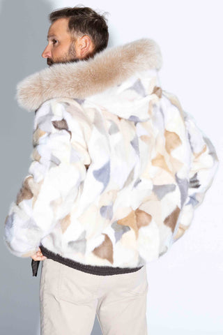 Men's Reversible Sectioned Mink Fur Bomber Jacket with Fox Fur Trimmed Hood