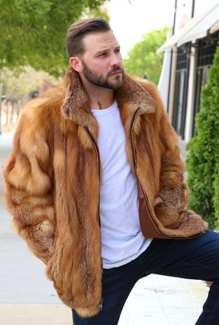 Men's Natural Red Fox Fur Bomber Jacket - Save an Extra 10% at checkout!