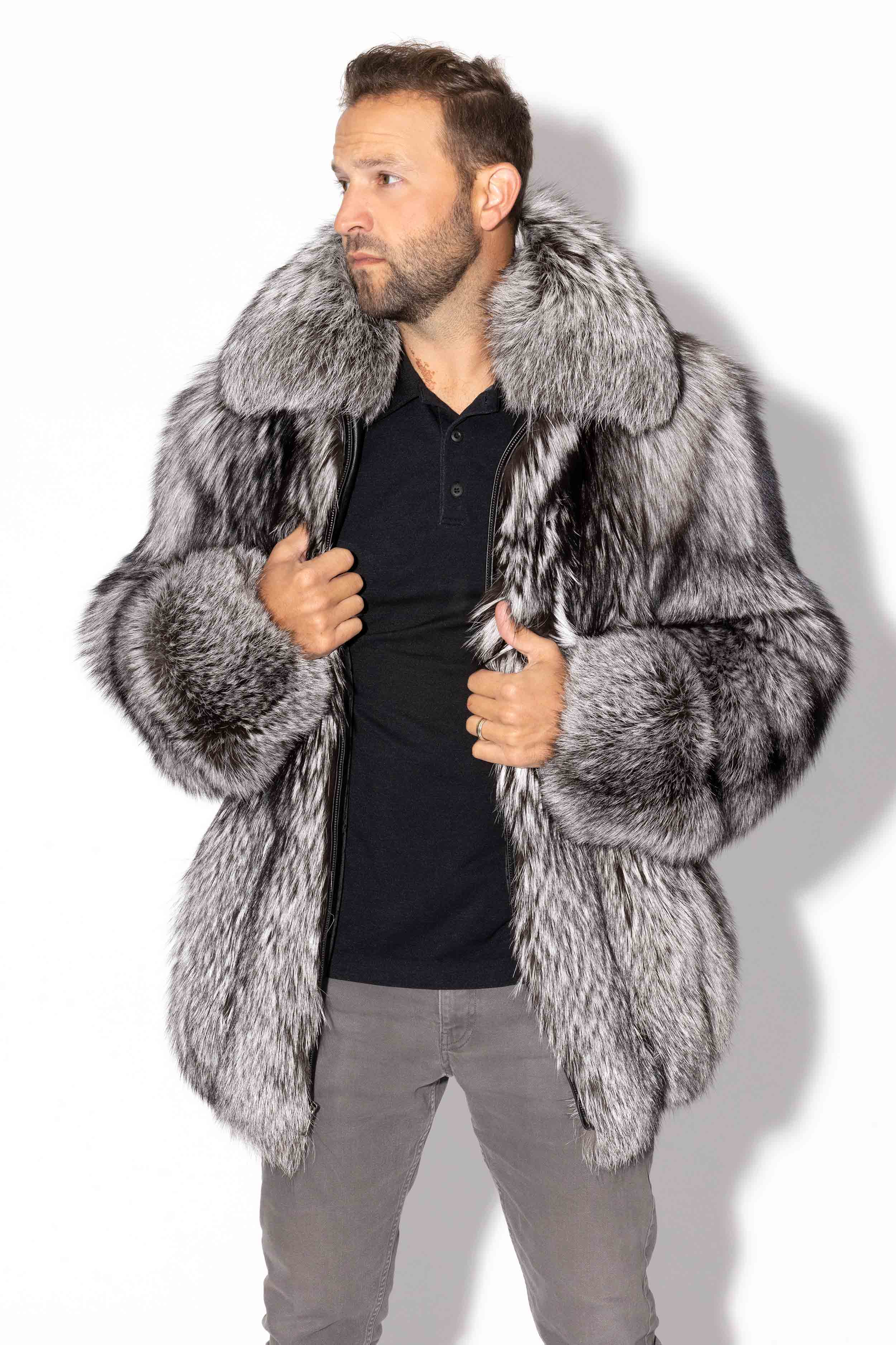 Men's Full Skin Silver Fox Fur Bomber Jacket – Henig Furs