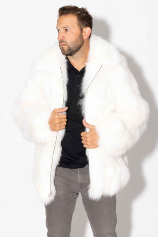 men's white sectioned fox fur bomber jacket