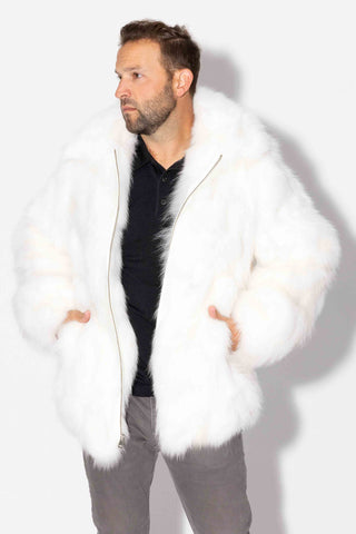 men's white sectioned fox fur bomber jacket