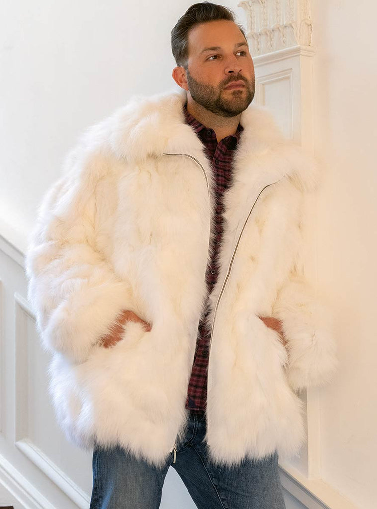 Men's White Fox Fur Bomber Jacket