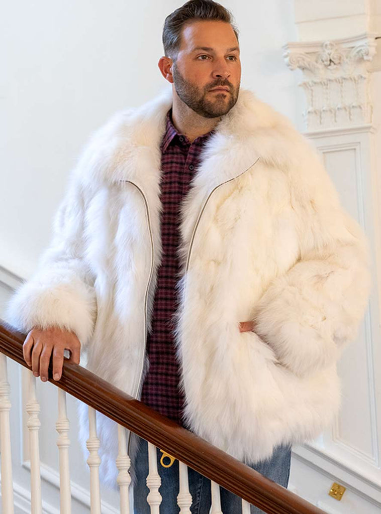 Men's White Fox Fur Bomber Jacket