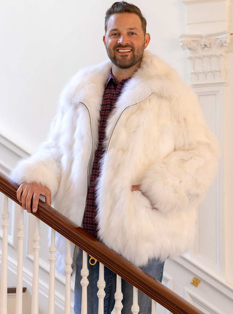 Men's White Fox Fur Bomber Jacket