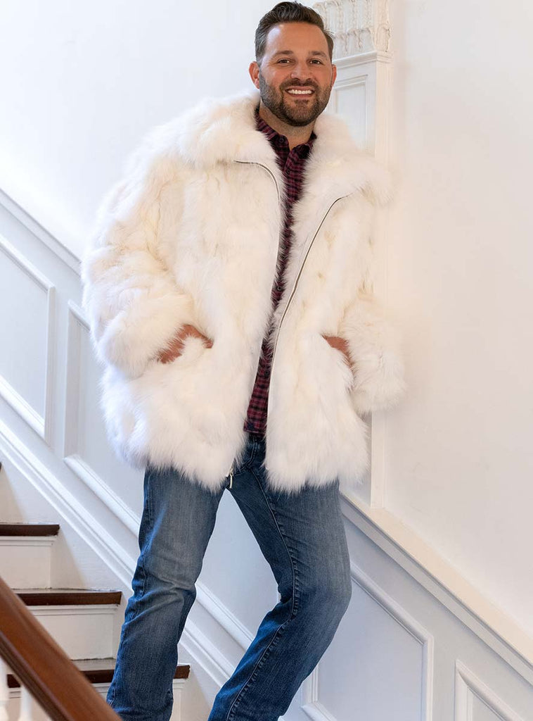 Men's White Fox Fur Bomber Jacket