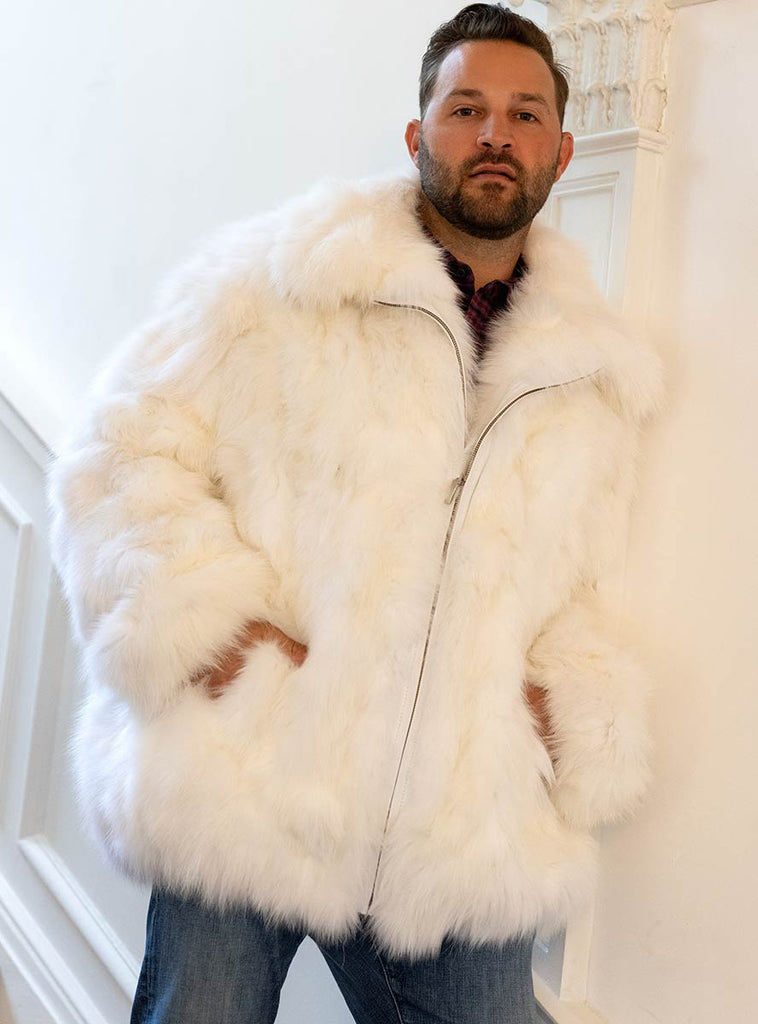 Men's White Fox Fur Bomber Jacket