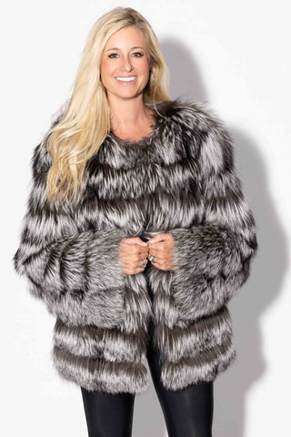 silver Fox Fur Jacket with Horizontal Pattern