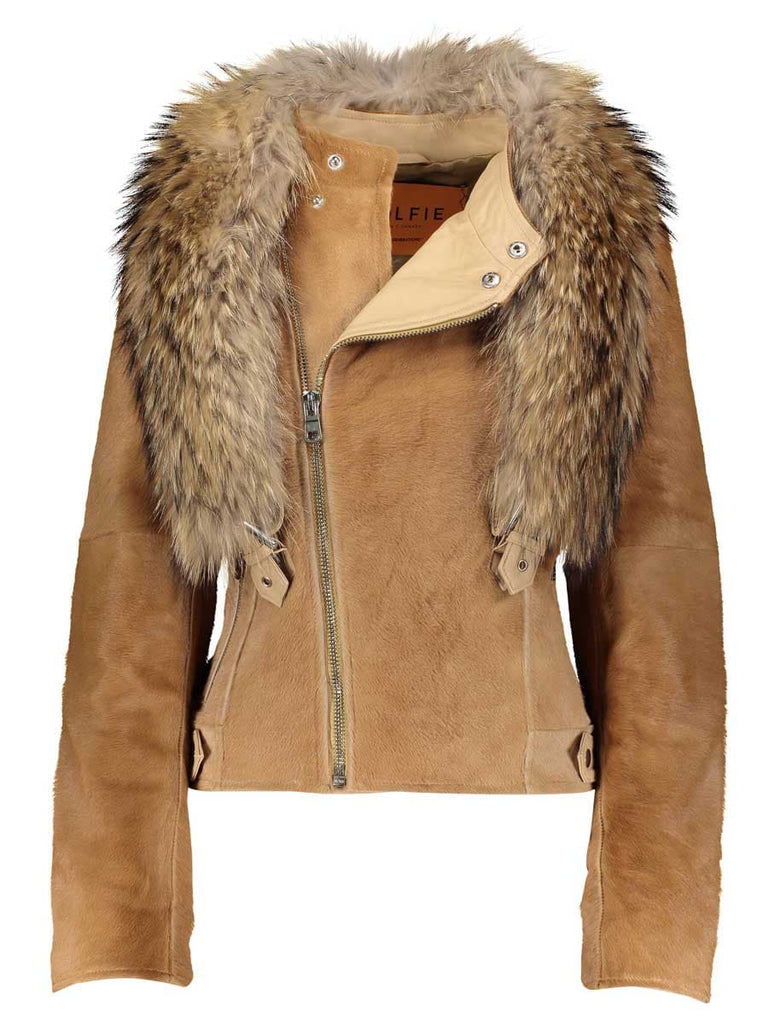 camel cowhide leather jacket with raccoon fur trim