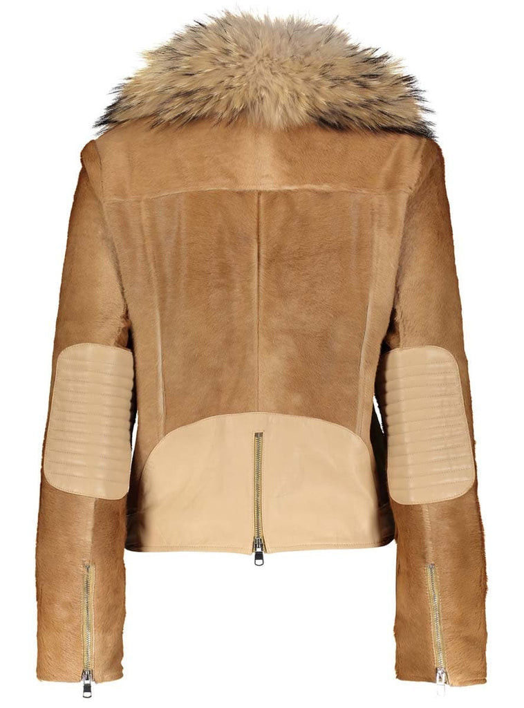 camel cowhide leather jacket with raccoon fur trim
