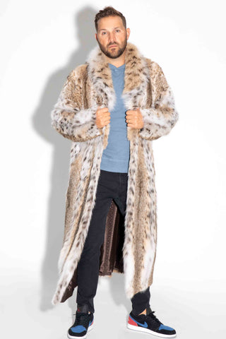 man wearing a full skin custom-made men's bobcat fur coat with shawl collar, against a white backdrop