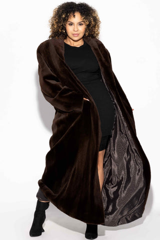 Brown Sheared Mink Fur Coat with Shawl Collar & Bracelet Cuffs