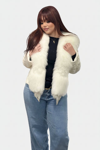 white sheared sectioned mink fur bolero jacket with fox fur tux
