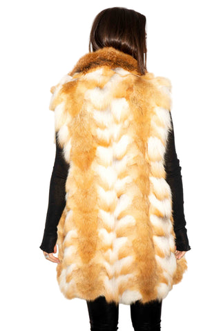 natural red sectioned fox fur vest with shawl collar