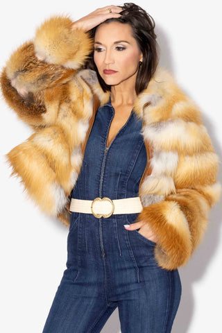 Natural Red Fox Fur Bolero Jacket with Horizontal Pattern