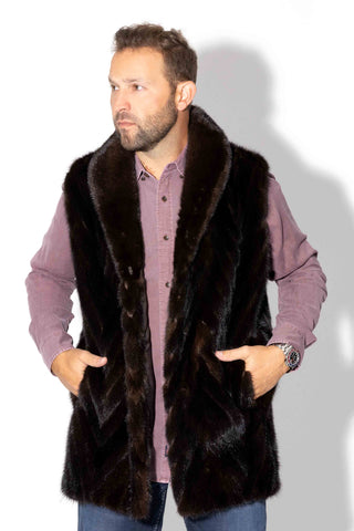 men's mahogany chevron sectioned mink fur vest with shawl collar