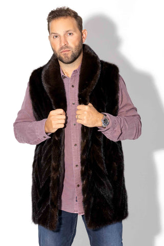 men's mahogany chevron sectioned mink fur vest with shawl collar