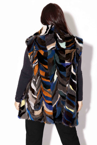 multicolor sectioned mink fur vest with standup collar