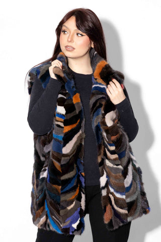 multicolor sectioned mink fur vest with standup collar