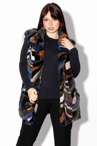 multicolor sectioned mink fur vest with standup collar