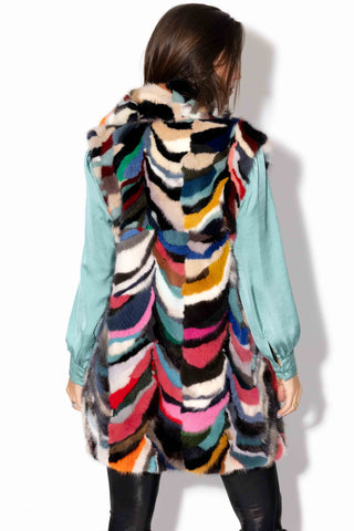multicolor sectioned mink fur vest with shawl collar
