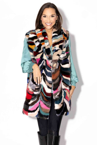 multicolor sectioned mink fur vest with shawl collar